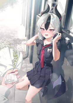 1girl 1other against_wall black_hair black_horns black_shirt black_shoes black_skirt black_socks blue_archive blush bouquet collarbone collared_shirt demon_horns demon_wings flower foot_against_wall grey_halo hair_between_eyes halo hands_on_headphones hands_up headphones highres holding holding_bouquet horns karasu-san_(syh3iua83) kayoko_(blue_archive) leg_up lower_teeth_only multicolored_hair necktie open_mouth phone_in_pocket pleated_skirt red_eyes red_necktie school_uniform shirt shoes short_sleeves skirt small_sweatdrop socks standing standing_on_one_leg teeth two-tone_hair v-shaped_eyebrows white_hair wings