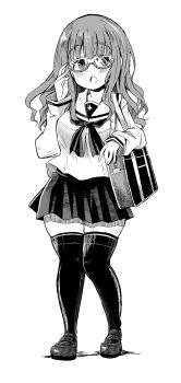 1girl adjusting_eyewear bag blouse blunt_bangs blush commentary full_body girls_und_panzer glasses greyscale highres loafers long_hair long_sleeves looking_at_viewer miniskirt monochrome neckerchief ooarai_school_uniform open_mouth pleated_skirt sailor_collar school_bag school_uniform semi-rimless_eyewear serafuku shiiba_aki shirt shoes skirt solo standing takebe_saori thighhighs under-rim_eyewear