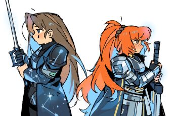 2girls armor armored_dress back-to-back black_gloves black_shirt blue_coat blue_necktie brown_hair coat collared_shirt dress e.g.o_(project_moon) fingerless_gloves freckles gauntlets gloves greatsword green_eyes hair_tie holding holding_sword holding_weapon ishmael_(project_moon) kgdjeisk limbus_company lobotomy_corporation_(identity)_(project_moon) long_hair multiple_girls necktie pauldrons ponytail project_moon rapier rodion_(project_moon) rope shirt shoulder_armor simple_background single_pauldron sword teardrop_facial_mark the_sword_sharpened_with_tears_(e.g.o) very_long_hair weapon white_background zwei_association_west_uniform