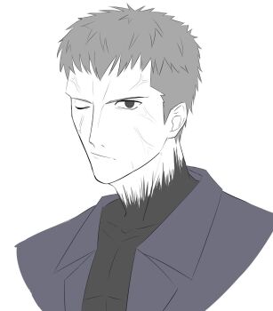 1boy black_eyes black_skin coat colored_skin commentary_request grey_hair highres long_coat looking_at_viewer male_focus nrvnqsr_chaos one_eye_closed open_clothes open_coat pale_skin profile short_hair trench_coat tsukihime veins white_background yanagimoti_18