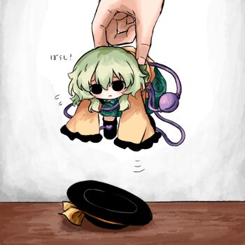 Rule 34 | 1girl, 1other, alternate size, black hat, commentary request, empty eyes, eyeball, floral print, flying sweatdrops, frilled sleeves, frills, green hair, green skirt, hat, heripantomorrow, holding, holding mini person, komeiji koishi, lifting mini person, lifting person, long hair, long sleeves, mini person, minigirl, missing headwear, open mouth, print skirt, rose print, shirt, skirt, sleeves past fingers, sleeves past wrists, solo focus, third eye, touhou, translated, unworn headwear, wide sleeves, yellow shirt