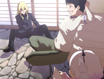 Rule 34 | 1girl, 2boys, azad (maidragon), black hair, black pants, black shirt, black shoes, blonde hair, closed mouth, cobblestone, commentary request, facial hair, fuka (kantoku), full body, green pants, grin, highres, horns, indoors, kanna kamui, kimun kamui (maidragon), kobayashi-san chi no maidragon, long hair, looking at another, manatsu no yo no inmu, multiple boys, mustache, open mouth, pants, purple eyes, reading, shaded face, shirt, shoes, short hair, shouji, sitting, sliding doors, smile, white hair, white horns, white shirt