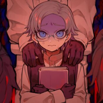 2boys aged_down aotsuki_eito black_gloves black_vest book commentary dual_persona glasses gloves grey_hair hands_on_another's_shoulders holding holding_book jacket looking_at_viewer male_focus multiple_boys nervous_sweating nyu_100 out_of_frame pants purple_eyes shirt short_hair sweat the_hundred_line_-last_defense_academy- vest white_pants white_shirt