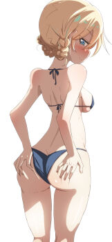 1girl absurdres ass bikini blonde_hair blue_bikini blue_eyes blush braid breasts closed_mouth darjeeling_(girls_und_panzer) from_behind girls_und_panzer grabbing_own_ass highres jinguu_(4839ms) large_breasts looking_at_viewer looking_back simple_background smile solo swimsuit white_background