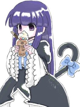1girl blunt_bangs bow cat_tail dress eating food frederica_bernkastel highres higuyuki0 holding holding_food ice_cream long_hair long_sleeves purple_eyes purple_hair sleeves_past_wrists solo tail tail_bow tail_ornament taiyaki umineko_no_naku_koro_ni wagashi