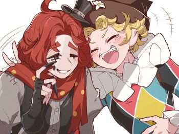 2boys :3 :d ^_^ black_eyeshadow black_vest blonde_hair claws closed_eyes commentary_request cowlick cropped_vest eyeshadow facial_mark flower freckles grey_shirt hair_intakes happy_tears harlequin hat hat_flower highres identity_v juliet_sleeves laughing long_sleeves makeup male_focus medium_hair mike_morton mini_hat mini_top_hat multiple_boys neck_ruff one_eye_closed open_mouth perorinsr polka_dot polka_dot_scarf puffy_sleeves red_hair red_scarf scarf shirt short_eyebrows smile teardrop_facial_mark tears top_hat upper_body vest wavy_mouth weeping_clown_(identity_v) wiping_tears