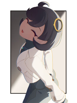 1girl ^_^ absurdres ass black_bodysuit black_gloves black_hair bodysuit closed_eyes coat commentary_request emma_(pokemon) gloves highres long_sleeves nintendo open_mouth pokemon pokemon_legends:_z-a short_hair smile solo two-tone_background white_background white_coat yanagino_(yanagino3)