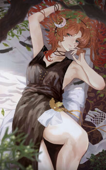 1girl arm_up armpits bare_arms bare_legs black_dress branch closed_mouth cowboy_shot crescent crescent_hair_ornament dress druvis_iii from_above gino_(gino_h) green_eyes hair_ornament hair_spread_out hands_up highres leaf_hair_ornament long_hair looking_at_viewer lying on_back on_bed orange_hair reverse:1999 side_slit sleeveless sleeveless_dress solo twirling_hair very_long_hair