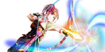 Rule 34 | 1girl, arrow (projectile), black gloves, bow (weapon), brown hair, drawing bow, dutch angle, flower, game cg, gloves, glowing arrow, hair flower, hair ornament, hair rings, highres, holding, holding bow (weapon), holding weapon, japanese clothes, kimono, lapis re:lights, mole, mole under eye, muneate, official art, pink flower, pink rose, purple eyes, red flower, rose, short hair with long locks, simple background, single hair ring, solo, third-party source, transparent background, tsubaki (lapis re:lights), weapon, white flower, yellow kimono