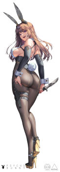 1girl absurdres animal_ears arched_back ass ass_support back bare_shoulders blue_eyes blush bodystocking breasts brown_hair covered_erect_nipples detached_sleeves elbow_sleeve fake_tail from_behind full_body hand_on_own_ass high_heels highleg highleg_leotard highres holding holding_knife holding_weapon holster knife large_breasts leotard long_hair looking_at_viewer looking_back love_cacao open_mouth original pantyhose playboy_bunny purple_eyes rabbit_ears rabbit_tail see-through_clothes see-through_legwear sideboob simple_background skindentation smile solo standing standing_on_one_leg strap strapless tail thigh_holster thigh_strap upper_body weapon white_background wrist_cuffs