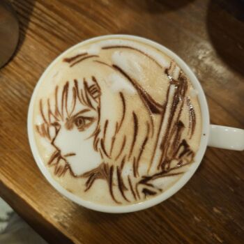 Rule 34 | 1girl, cappuccino, coffee, coffee mug, commentary, cup, english commentary, food art (medium), george (yamamoto kazuki), gun, hair ornament, hairclip, handgun, highres, holding, holding gun, holding weapon, latte art, latte art (medium), makarov pm, marie (peripeteia), medium hair, mug, peripeteia, portrait, pygmy kun, serious, solo, unconventional media, weapon