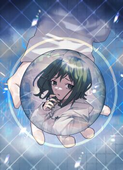 Rule 34 | 1girl, bags under eyes, commentary request, crack, fragile (vocaloid), green eyes, green hair, green nails, gumi, highres, holding orb, hood, hoodie, jewelry, orb, ring, sleeves past wrists, solo, soyaka, textless version, vocaloid, white hoodie