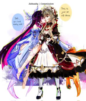 Rule 34 | 2girls, bare shoulders, black collar, black hair, black sleeves, blue eyes, blush, bonnet, breasts, brown hair, closed eyes, collar, columbina (genshin impact), commentary, detached collar, detached sleeves, dress, english commentary, english text, eye contact, eye mask, face-to-face, facing another, forehead-to-forehead, genshin impact, gloves, hair ornament, hair ribbon, hand on another's cheek, hand on another's face, hand on another's leg, head wings, headdress, heads together, highres, imminent kiss, leg ribbon, long hair, long sidelocks, long sleeves, looking at another, mask, multicolored hair, multiple girls, multiple wings, open mouth, prototype design, purple hair, purple streaks, ribbon, sandrone (genshin impact), see-through clothes, see-through mask, short hair, short hair with long locks, sidelocks, smile, streaked hair, two-tone hair, very long hair, white background, white dress, white headdress, white mask, white wings, winding key, wing hair ornament, wings, x-shaped eyewear, yuri, zahauku