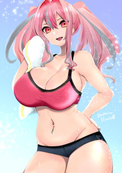 1girl alternate_costume azur_lane bare_legs breasts bremerton_(azur_lane) cleavage commentary_request crop_top hachimitsu_hinako hair_between_eyes hair_intakes hand_on_own_hip huge_breasts looking_to_the_side mole mole_on_breast mole_under_eye multicolored_hair navel navel_piercing open_mouth piercing pink_eyes pink_hair red_sports_bra short_shorts shorts skindentation smile solo sports_bra sportswear sweat towel twintails wiping_sweat