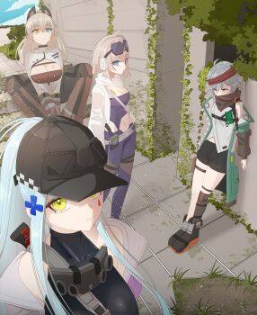 4girls aa-12_(girls'_frontline) absurdres animal_ears blue_eyes breasts brown_eyes cat_ears g11_(girls'_frontline) girls'_frontline girls'_frontline_2:_exilium green_eyes grief_13 heterochromia highres hk416_(girls'_frontline) klukai_(girls'_frontline_2) lind_(girls'_frontline_2) long_hair mechty_(girls'_frontline_2) multiple_girls peritya_(girls'_frontline_2) trait_connection yellow_eyes