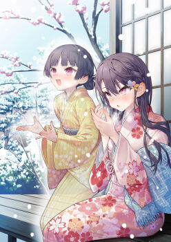 2girls :d before_and_after black_hair blush braid breathing_on_hands commentary_request floral_print fringe_trim hair_between_eyes japanese_clothes kimono long_sleeves multiple_girls munakata_hinano obi open_mouth original parted_lips pink_kimono print_kimono purple_eyes sash shawl smile snow snowing striped_clothes striped_kimono tokuno_yuika transparent tree vertical-striped_clothes vertical-striped_kimono wide_sleeves