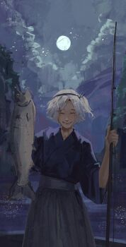 Rule 34 | 1other, ^ ^, androgynous, animal, black headband, black ribbon, boat, closed eyes, cloud, cowboy shot, fish, fishing, fishing rod, fujiwara no iyozane, full moon, grey hakama, grin, hachimaki, hair ribbon, hakama, hakama skirt, happy, hatsburg, headband, highres, holding, holding animal, holding fish, holding fishing rod, japanese clothes, kimono, lake, len'en, lips, long sleeves, moon, night, no jacket, other focus, outdoors, ponytail, purple kimono, ribbon, short hair, short ponytail, side ponytail, skirt, sky, smile, solo, standing, star (sky), starry sky, watercraft, white hair, wide sleeves