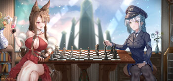 absurdres akagi_(azur_lane) akagi_(ruby-laced_beauty)_(azur_lane) animal_ears artist_name azur_lane bare_shoulders black_gloves black_necktie blue_hat blue_jacket blue_skirt board_game braid breasts brown_hair center_opening champagne_flute chess chess_piece cleavage cocktail_dress commander_(azur_lane) crossed_legs cup dress drinking_glass evening_gown feather_boa female_commander_(azur_lane) fingerless_gloves flower fox_ears fox_girl frost2042 gloves hat highres holding holding_chess_piece indoors jacket kitsune large_breasts long_sleeves looking_at_viewer necktie o-ring_dress official_alternate_costume peaked_cap pencil_skirt red_dress red_eyes shirt sitting skirt vase white_flower white_hair white_shirt window yellow_eyes yellow_flower