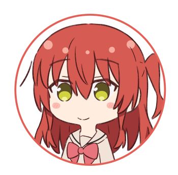 Rule 34 | 1girl, blush, blush stickers, bocchi the rock!, bow, bowtie, brown sailor collar, brown shirt, chibi, chibi only, commentary request, green eyes, hair between eyes, highres, kita ikuyo, long hair, looking at viewer, mimori (mimori 05), one side up, red bow, red bowtie, red hair, sailor collar, shirt, sidelocks, simple background, smile, solo, upper body