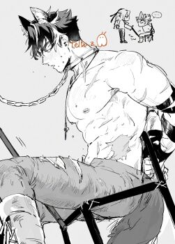 ... 2boys abs animal_ears arms_behind_back artist_name biceps blush bound bound_wrists chain chain_leash chained chibi commentary_request cross cross_necklace earrings from_side genshin_impact greyscale highres jewelry leash male_focus monochrome multicolored_hair multiple_boys multiple_scars muscular muscular_male necklace nipples out_of_frame pants pectorals scar scar_on_arm scar_on_chest scar_on_neck scar_on_stomach short_hair sitting solo_focus streaked_hair sweat telbo_z topless_male torn_clothes torn_pants wriothesley_(genshin_impact)