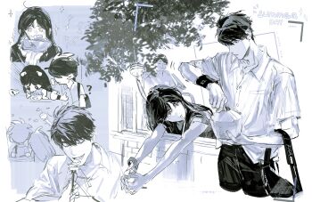 ! :3 ? bag black_pants bosi_tenghu caleb_(love_and_deepspace) closed_eyes collared_shirt couple cropped_legs eating food greyscale hair_between_eyes hetero highres holding holding_food long_hair love_and_deepspace monochrome open_mouth outstretched_arms pants protagonist_(love_and_deepspace) shirt short_hair shoulder_bag sparkle summer upper_body white_shirt