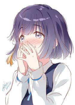 Rule 34 | 1girl, asoka, blue vest, blush, commentary request, covering own mouth, dated, flower, gakuen idolmaster, grey eyes, hair flower, hair ornament, hand over own mouth, hands up, hataya misuzu, hatsuboshi gakuen school uniform, idolmaster, long sleeves, nose blush, open mouth, purple hair, school uniform, shirt, short hair, signature, simple background, solo, tassel, tassel hair ornament, upper body, vest, white background, white shirt