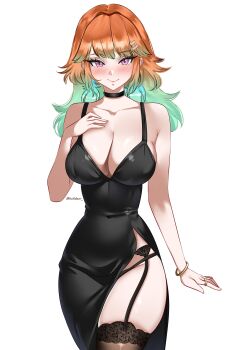 1girl absurdres alternate_costume bare_shoulders black_choker black_panties blush bracelet breasts brown_thighhighs choker covered_navel cowboy_shot feathers garter_belt gradient_hair green_hair hair_ornament hairclip hand_on_own_chest helldeer highres hololive hololive_english jewelry large_breasts long_hair looking_at_viewer multicolored_hair nightgown orange_hair panties pink_eyes pink_hair plunging_neckline ring side_slit simple_background skindentation smile solo string_panties takanashi_kiara thighhighs thighs underwear virtual_youtuber white_background