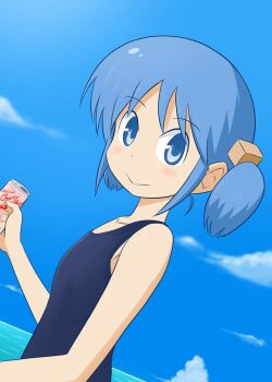 1girl :> blue_eyes blue_hair blue_sky can cube_hair_ornament hair_ornament hashtag-only_commentary highres holding holding_can looking_at_viewer morinaka_hajime naganohara_mio nichijou one-piece_swimsuit sky swimsuit twintails
