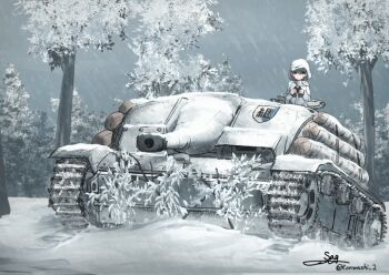 1girl animated animated_gif baseball_cap binoculars blue_eyes cannon caterpillar_tracks coat emblem girls_und_panzer hat holding holding_binoculars hood hood_up hooded_coat keizoku_(emblem) keizoku_military_uniform long_sleeves military_vehicle motor_vehicle outdoors short_hair snow snowing stug_iii tank teisei_misagi tree turretless_tank vehicle_focus white_coat youko_(girls_und_panzer)
