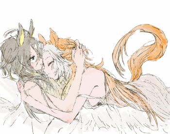 2girls ahoge animal_ear_fluff animal_ears bare_shoulders bed_sheet blue_eyes closed_eyes colored_inner_animal_ears cradling_head cuddling dream_journey_(umamusume) dress glasses grey_hair hair_between_eyes head_on_chest highres horse_ears horse_girl horse_tail incest long_hair lying_on_person multicolored_hair multiple_girls on_bed open_mouth orange_hair orfevre_(umamusume) pillow pineconete siblings simple_background sisters sleeveless sleeveless_dress streaked_hair tail tail_raised umamusume under_covers very_long_hair white_background white_dress white_hair white_streaks yuri