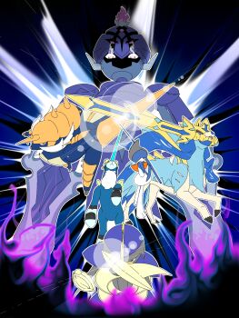 absurdres alternate_color armor beard bisharp blade blue_background ceruledge cobalion energy_sword facial_hair fiery_background fire flaming_sword flaming_weapon gallade gen_4_pokemon gen_5_pokemon gen_8_pokemon gloves helmet highres holding holding_sword holding_weapon horns legendary_pokemon metal nintendo pokemon samurott shiny_pokemon sword sword_clash takahas weapon whiskers zacian