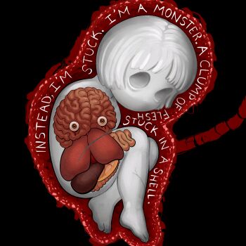 1girl black_background black_jack_(series) bob_cut body_horror brain child colored_skin crack english_text eyeball feet fetal_position guro highres nsfmeows nude organs parted_bangs pinoko short_hair solo toddler umbilical_cord white_hair white_skin