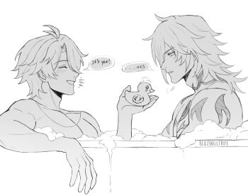 2boys absurdres antenna_hair arm_tattoo bathtub blazingstrife blush chest_tattoo closed_mouth commentary english_text facing_another from_side greyscale highres holding_rubber_duck honkai:_star_rail honkai_(series) in_bathtub male_focus medium_hair monochrome multiple_boys mydei_(honkai:_star_rail) neck_tattoo nude phainon_(honkai:_star_rail) same-sex_bathing shared_bathing short_hair simple_background smile soap_bubbles speech_bubble tattoo white_background yaoi