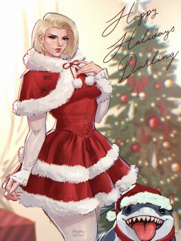 1girl alternate_costume aqua_eyes blonde_hair blurry blurry_background breasts capelet christmas christmas_tree commentary cowboy_shot cursive dress emma_frost english_commentary english_text eyeshadow fur-trimmed_capelet fur-trimmed_dress fur_trim hat highres jeff_(marvel) large_breasts makeup marvel marvel_rivals mature_female pantyhose pepedraws purple_eyeshadow red_capelet red_dress red_lips santa_hat shark sharp_teeth short_hair teeth tongue tongue_out white_nails white_pantyhose white_sleeves white_trim x-men