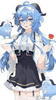 1girl absurdres alternate_eye_color animal ao_to_yoru bespectacled black_garter_straps blue_eyes blue_hair commentary english_commentary ganyu_(genshin_impact) garter_straps genshin_impact glasses goat goat_horns half-closed_eyes highres horns round_eyewear skirt suspender_skirt suspenders