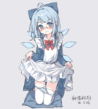 1girl ahoge alternate_costume apron blue_bow blue_dress blue_eyes blue_hair blush bow bowtie cirno cum cum_in_clothes cum_in_panties cum_in_pussy cum_on_body cum_on_legs cumdrip dated dress enmaided frilled_apron frills glasses grey_background hair_bow highres himitsu_onigiri kneeling lifting_own_clothes maid maid_apron medium_hair panties panty_pull pillow red_bow red_bowtie signature simple_background solo striped_clothes striped_panties thighhighs touhou underwear white_apron white_thighhighs