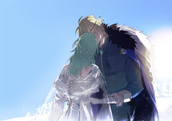 1boy 1girl bare_shoulders black_cape blonde_hair blue_cape cape closed_eyes commentary_request cowboy_shot cross-laced_clothes cross-laced_dress detached_sleeves dimitri_alexandre_blaiddyd dimitri_alexandre_blaiddyd_(timeskip) dress eyepatch female_byleth_(fire_emblem) fire_emblem fire_emblem:_three_houses green_hair hetero holding_hands kiss long_hair nintendo see-through_cape standing tsukimura_noe white_cape white_dress