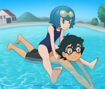 1boy 1girl ahoge armpit_crease artist_name ash_ketchum black_hair blue_eyes blue_hair blue_one-piece_swimsuit child day fankifalu feet flat_chest friends full_body goggles goggles_on_head happy highres knees lana_(pokemon) legs male_swimwear matching_hair/eyes medium_hair mountainous_horizon nintendo official_alternate_costume one-piece_swimsuit outdoors outstretched_arms outstretched_legs partially_submerged pokemon pokemon_(anime) pokemon_sm_(anime) pool short_hair sidelocks sitting sitting_on_person sky smile soles spread_legs summer swim_goggles swim_trunks swimming swimsuit topless_male water