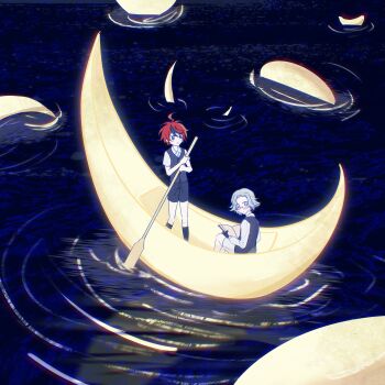 Rule 34 | 2boys, absurdres, aged down, ahoge, aotsuki eito, black gloves, black shorts, black streaks, black vest, blue eyes, boat, book, chinese commentary, collared shirt, commentary request, crescent, glasses, gloves, grey hair, highres, holding, holding book, holding oar, looking at viewer, male focus, mizongwenwu, multicolored hair, multiple boys, no pupils, oar, purple eyes, red hair, ripples, rowboat, rowing, shirt, short hair, shorts, streaked hair, sumino takumi, the hundred line -last defense academy-, vest, water, watercraft, white shirt, white shorts