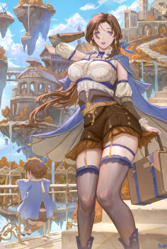 1boy 1girl absurdres artist_name bag black_shoes blue_cape blue_sky breasts brown_hair brown_shorts brown_thighhighs cape chinese_commentary cloud cloudy_sky commentary_request day detached_sleeves earrings floating_island frize_fulei hand_in_own_hair highres holding holding_bag jewelry juliet_sleeves long_hair long_sleeves mature_female medium_breasts open_mouth original outdoors puffy_sleeves purple_eyes shoes shorts sky stairs stone_stairs thighhighs water