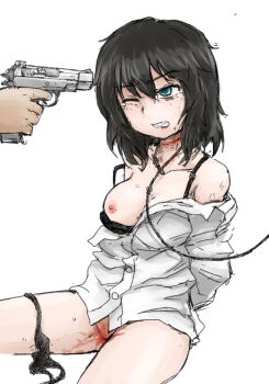 1boy 1girl abuse after_rape aftersex aiming aqua_eyes arms_behind_back at_gunpoint bad_id bad_pixiv_id bdsm black_bra black_hair black_panties blood bondage bound bra bra_pull breast_slip breasts bruise clenched_teeth clothes_pull collar defloration dutchko gun gun_to_head handgun hetero holding holding_gun holding_weapon injury leash medium_breasts nipples off_shoulder one_breast_out one_eye_closed original panties panties_around_leg pistol rape restrained short_hair simple_background sitting tears teeth underwear weapon white_background