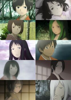 6+girls :o akoya_(mushishi) anime_screenshot black_hair brown_hair close-up fence forest green_hair hand_to_own_mouth highres io_(mushishi) kinu_(mushishi) leaf long_hair lying matsuno_(mushishi) michihi_(mushishi) multiple_girls mushishi nami_(mushishi) nature nui_(mushishi) on_back parted_lips pillow plant renzu renzu_(mushishi) saku_(mushishi) sayo_(mushishi) short_hair silver_hair smile split_screen sunlight tagane_(mushishi) tree upper_body very_long_hair wall water