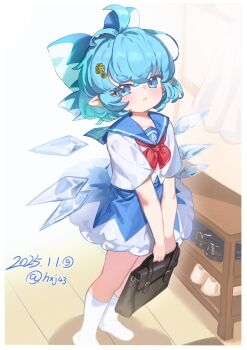 1girl :t ahoge bag blue_bow blue_eyes blue_hair blue_sailor_collar blue_skirt border bow bowtie cirno cirno_day commentary dated flower foot_out_of_frame hair_bow hair_flower hair_ornament hashtag-only_commentary highres holding holding_bag hxj_(2324184595) ice ice_wings indoors kneehighs looking_at_viewer no_shoes pointy_ears pout red_bow red_bowtie sailor_collar sailor_shirt school_bag school_uniform shirt short_hair short_sleeves skirt socks solo sunflower sunflower_hair_ornament touhou twitter_username v_arms white_border white_shirt white_socks wings