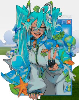1girl absurdres aqua_hair black_gloves bliss_(image) bodysuit commentary fingerless_gloves frutiger_aero glasses gloves hair_ornament hatsune_miku highres icon_(computing) long_hair looking_at_viewer microsoft_windows musical_note open_mouth sainttufa starfish_hair_ornament twintails v vocaloid window_(computing) windows_xp
