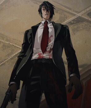 200_percent belt black_belt black_gloves black_hair black_jacket black_pants blood blood_on_clothes ceiling collared_shirt cowboy_shot final_fantasy final_fantasy_vii gloves gun hair_between_eyes handgun holding holding_gun holding_weapon jacket looking_at_viewer necktie pants parted_lips red_eyes red_necktie shirt short_hair suit_jacket tile_ceiling tiles vincent_valentine weapon white_shirt