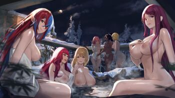 6+girls black_hair blonde_hair blue_eyes blue_hair bra breasts breasts_out citrinne_(fire_emblem) cleavage crossed_bangs dark-skinned_female dark_skin facing_away female_alear_(fire_emblem) female_focus fire_emblem fire_emblem_engage full_moon functionally_nude goldmary_(fire_emblem) heterochromia ivy_(fire_emblem) j@ck lapis_(fire_emblem) large_breasts looking_at_viewer matching_hair/eyes mole mole_under_mouth moon multicolored_hair multiple_girls naked_towel navel night nintendo nipples onsen open_mouth panties parted_lips pink_hair purple_eyes purple_hair red_eyes red_hair sky smile snow split-color_hair standing strapless strapless_bra timerra_(fire_emblem) towel underwear underwear_only white_bra white_panties yellow_eyes yunaka_(fire_emblem)