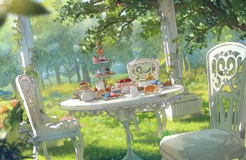 cake cake_slice chair commentary cup cupcake dessert english_commentary flower food forest grape_(grapedraws) grass honey_toast leaf nature no_humans original outdoors strawberry_cake table tea_party teacup teapot tiered_tray tree