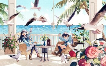 2girls analog_clock bird blue_eyes book boots brown_footwear chair clock coconut_tree dress flower hanging_lantern hinata_(echoloveloli) long_hair multiple_girls ocean open_mouth original palm_tree plant potted_plant red_flower rocking_chair sailor_collar sailor_shirt shirt short_hair smile tree vase white_dress