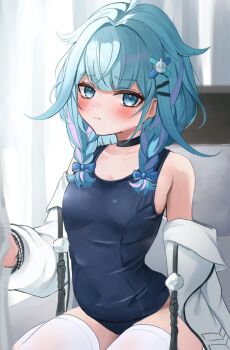 1girl ahoge black_choker blue_bow blue_eyes blue_hair blush bow braid breasts check_commentary choker commentary_request covered_navel hair_flaps hair_ornament hololive hololive_dev_is jacket jacket_partially_removed long_sleeves looking_at_viewer low_twin_braids medium_hair mizumiya_su multicolored_hair old_school_swimsuit pout purple_hair school_swimsuit small_breasts solo streaked_hair swimsuit tatsu_(tattti2022) thighhighs twin_braids virtual_youtuber white_jacket white_thighhighs