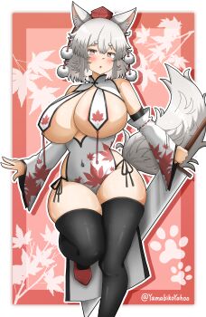 1girl :o absurdres animal_ears areola_slip autumn_leaves black_thighhighs blush breasts brown_eyes china_dress chinese_clothes commentary covered_navel curvy detached_sleeves dress flats grey_hair half-closed_eyes hat highres holding holding_sword holding_weapon huge_breasts inubashiri_momiji leaf leaf_print leg_up looking_at_viewer medium_dress outline panties paw_print pelvic_curtain print_dress print_sleeves red_background red_hat red_shoes revealing_clothes shoes short_hair side-tie_panties sleeveless sleeveless_dress solo standing standing_on_one_leg sword symbol-only_commentary tail thighhighs tokin_hat touhou underwear weapon white_dress white_outline white_sleeves wolf_ears wolf_girl wolf_tail yamabikoyahoo